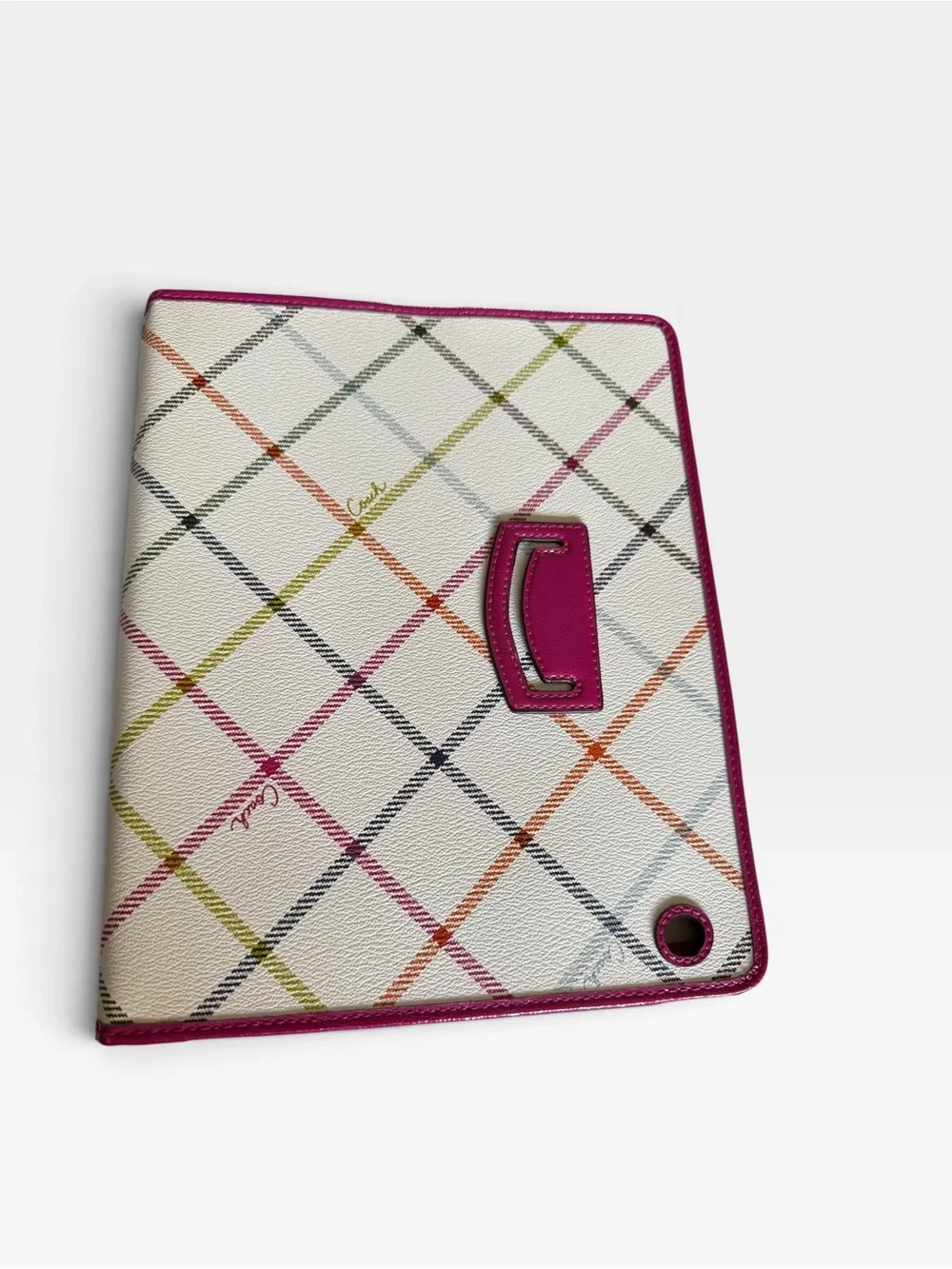 Coach F64186 Tartan Plaid Print iPad Folio Case Cover Multi Pink White NWT